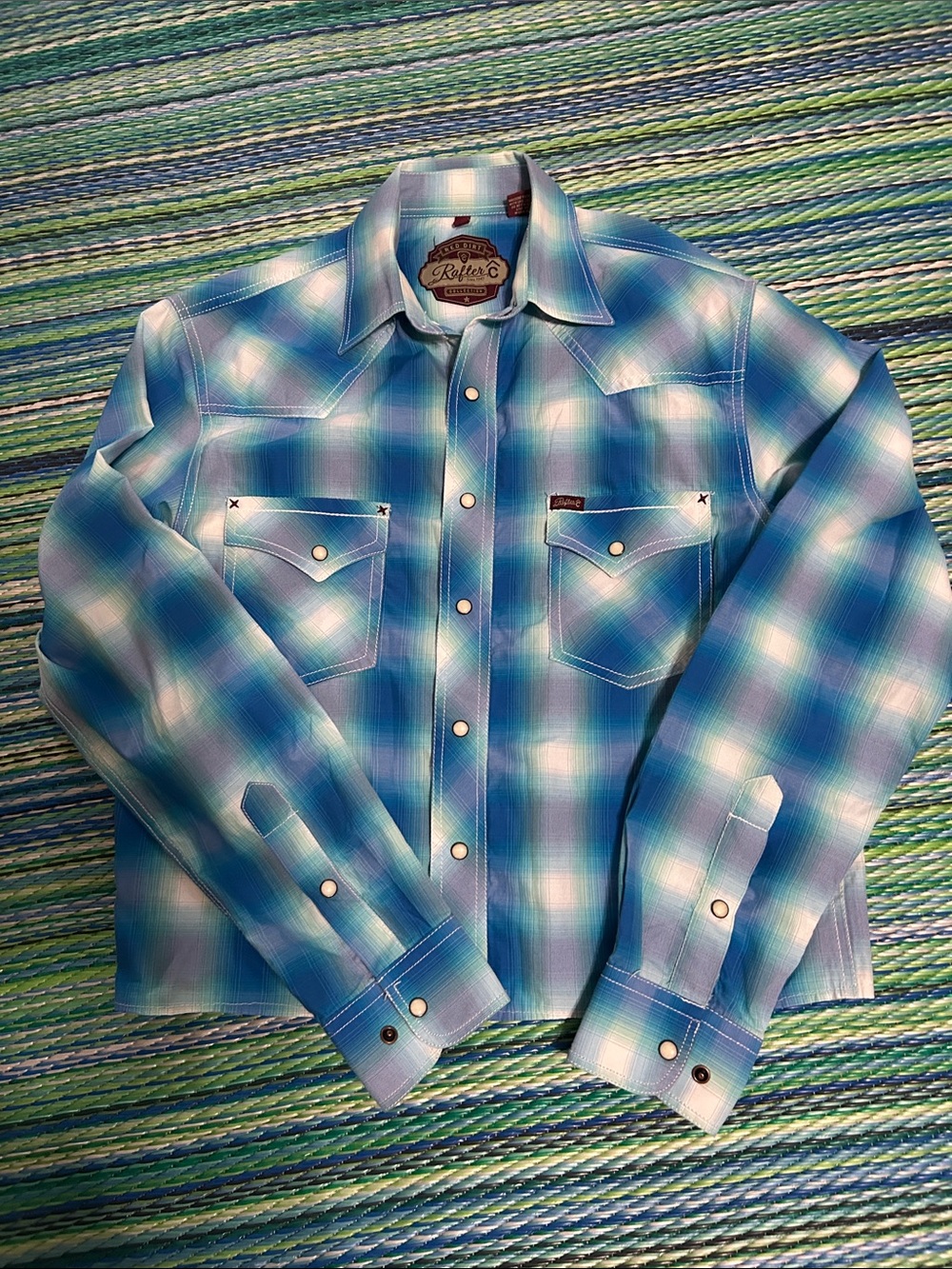 Men's Plaid Button-Down Western Shirt in Teal Blue